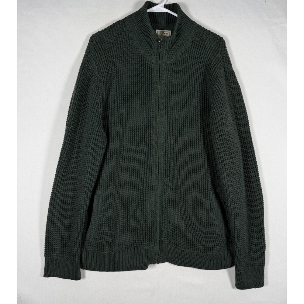 L.L. Bean Full Zip Sweater Mens XL Green Organic Cotton Shaker Stitch 508221